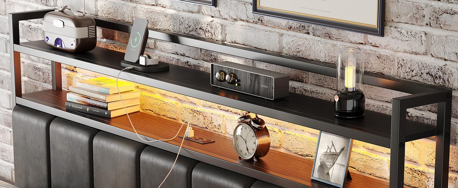 Twin Size Bed Frame with Charging Station and LED Lights, Metal Bed Frame with Headboard, Black Upholstered Headboard with 2-Tier Storage Shelves, Noise Free, No Box Spring Needed, Black