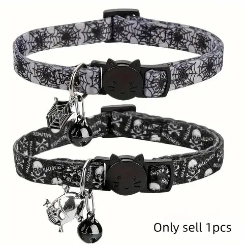 Halloween Skeleton Spider Web Cat Collar with Bell, Adjustable Safety Buckle, Suitable for Small Cats and Dogs, Pet Accessories