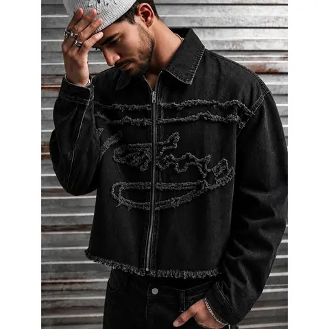 Men's High-Cotton Frayed Tribal Embroidery Denim Fashion Jacket - Black Vintage Washed Cropped Zip-Up Shortsleeve Top, Menswear Men's Clothing with Streetwear Edge Casual Outerwear