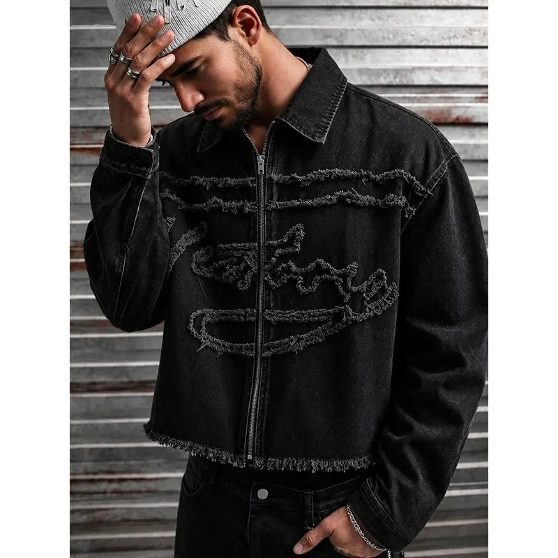 Men's High-Cotton Frayed Tribal Embroidery Denim Fashion Jacket - Black Vintage Washed Cropped Zip-Up Shortsleeve Top, Menswear Men's Clothing with Streetwear Edge Casual Outerwear