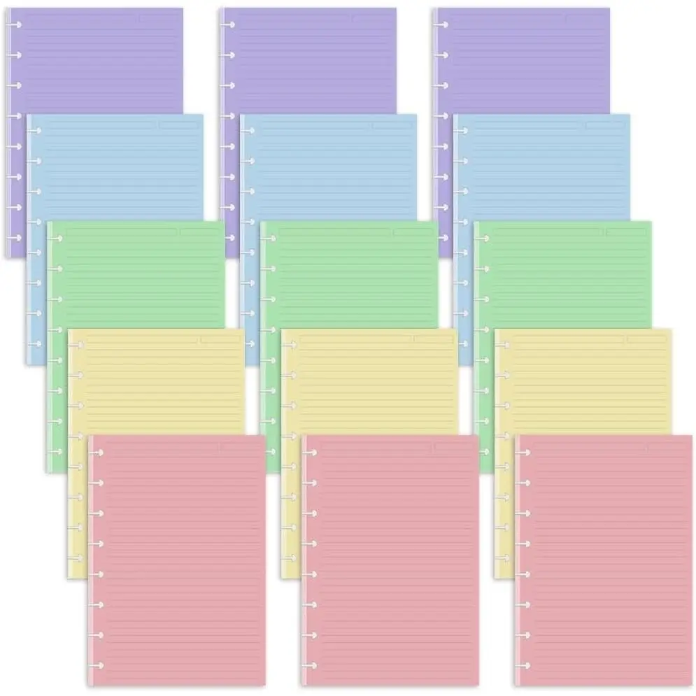 (3-Pack) Junior Size Discbound Lined Refill Paper, 8-Disc Disbound Insert, 5 Colors(60 Sheets/Color), Total 300Sheets / 600Pages, 110gsm Thicker Paper, 5.8'' x 8.2''