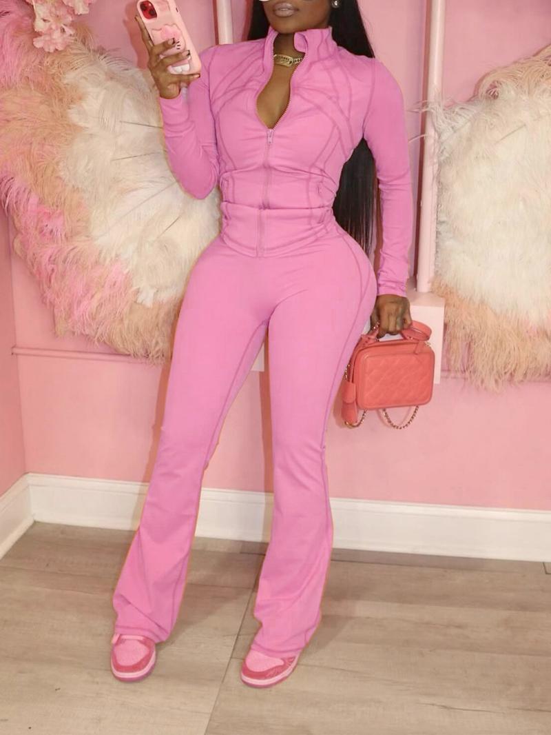 Women's Solid Long Sleeve Zip Up Jacket & Flare Leg Skinny Pants Two-piece Set, Casual Fashion Cozy Outfits for Daily Outdoor Wear, Women Clothes for Fall & Winter