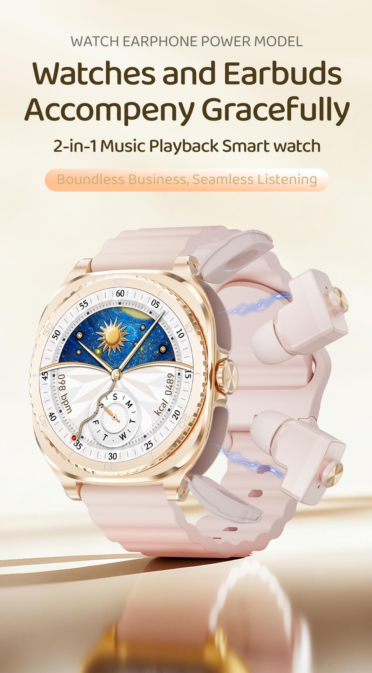 Women Smart Watch with Bluetooth Earbuds Wireless Fitness Tracker Heart Rate Monitor Music Playback Phone Calls for iOS Android