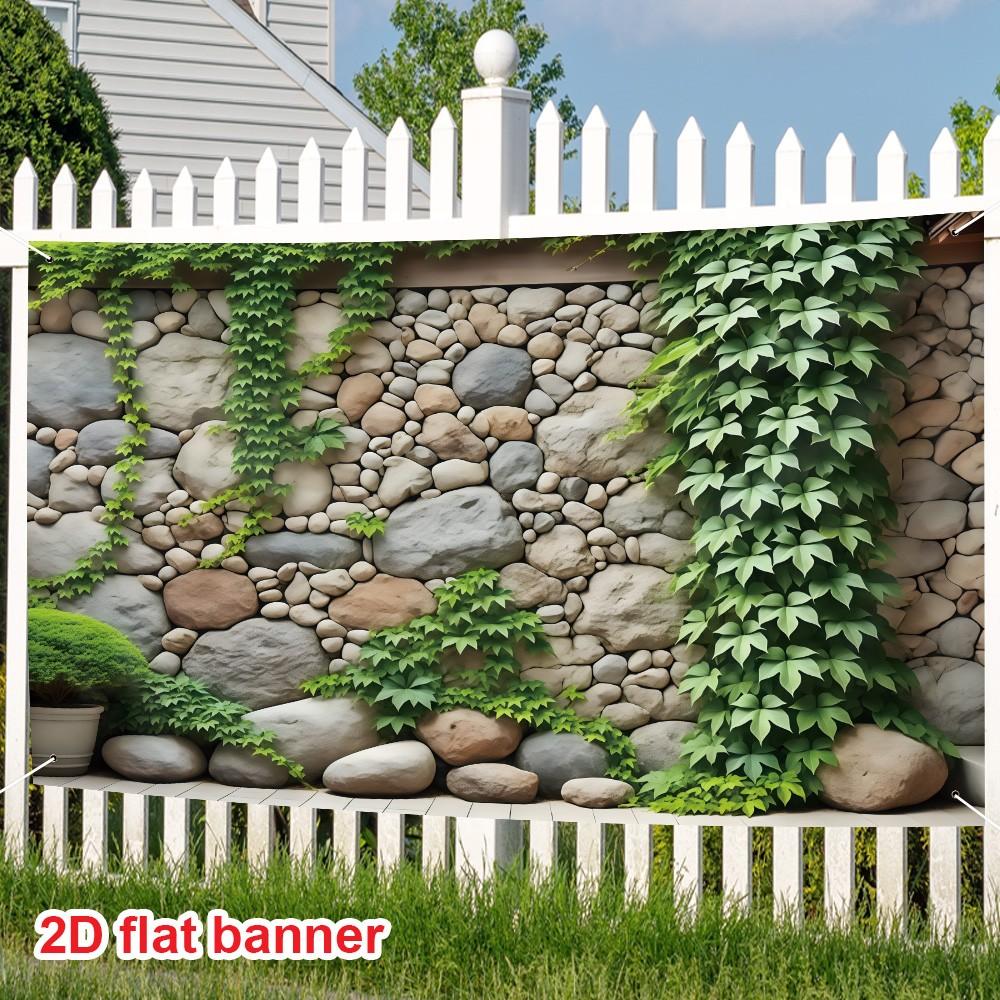 2D Banner, Realistic Stone Wall Plant Background Cloth, Outdoor Garden Courtyard Decoration, Durable Polyester Material, Easy to Hang
