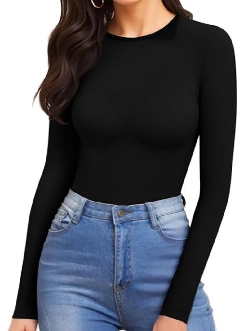 1/2 Counts Women's Solid Round Neck Shapewea Bodysuit,Casual Comfort Long Sleeve Slimming Bodysuit,Lady Tops for Spring&Fall,Womenswear，Women's Stylish Thermal Long Sleeve Bodysuit for Going Out Tops，Fabric Comfortable, Belly Control Bodysuit