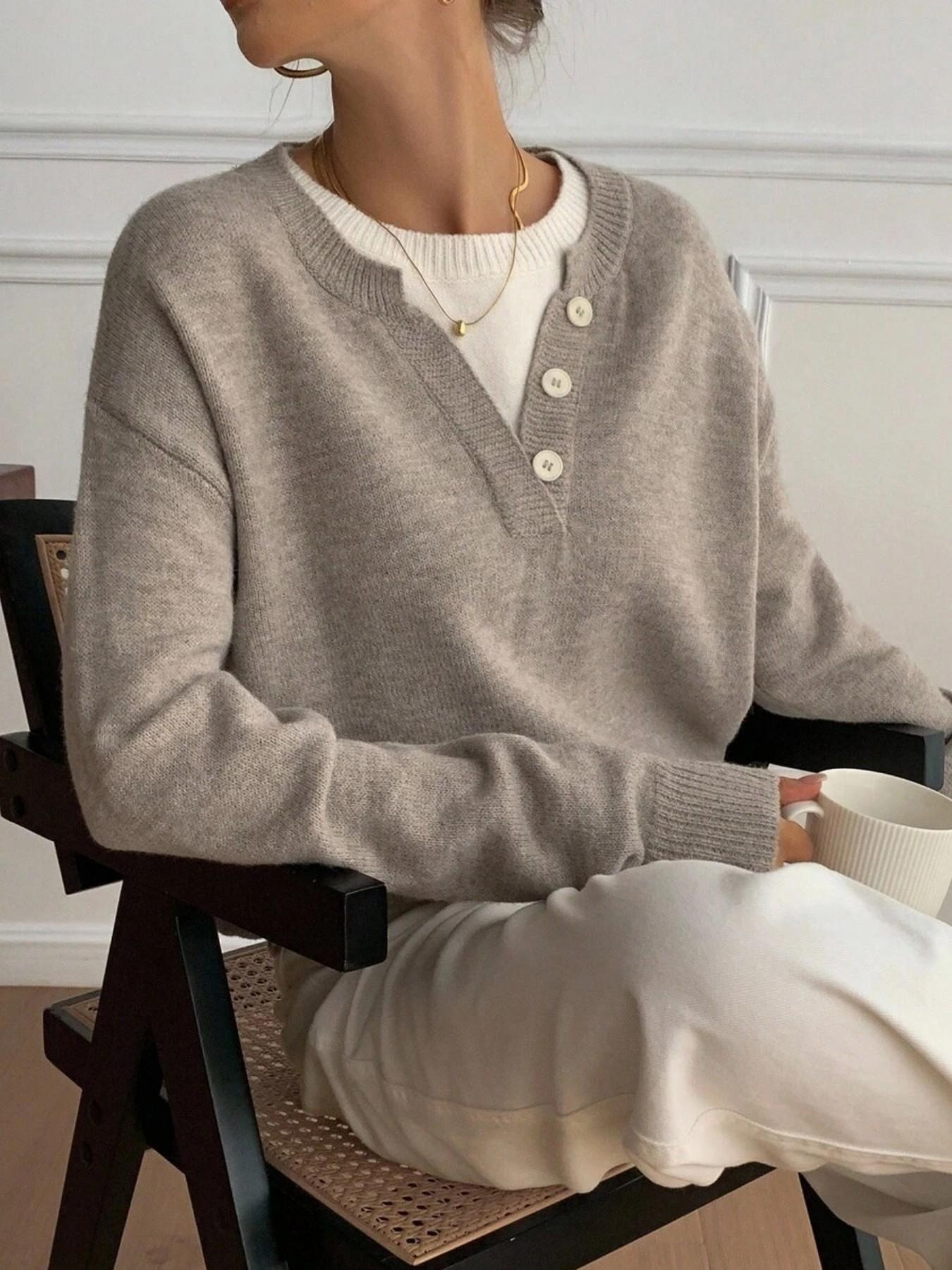 Women's Henley Neck Button Front Color Block Long Sleeve Vintage Chic Pullover Sweater, Knitwear, Knitting, Autumn Winter Casual Loose Fit 2 In 1 Sweater Top For Fall, Fashion Soft Daily Work Street Cute Daily Knitted Top for Women Collared Knit Top