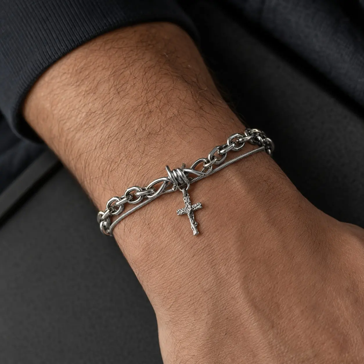 Men's Stainless Steel Double-Layer Cross Bracelet - Gothic Look, Textured Cross Charm, Wrapped Center, Adjustable Fit, Casual Wear Punk Costume Jewelry Gift for Him