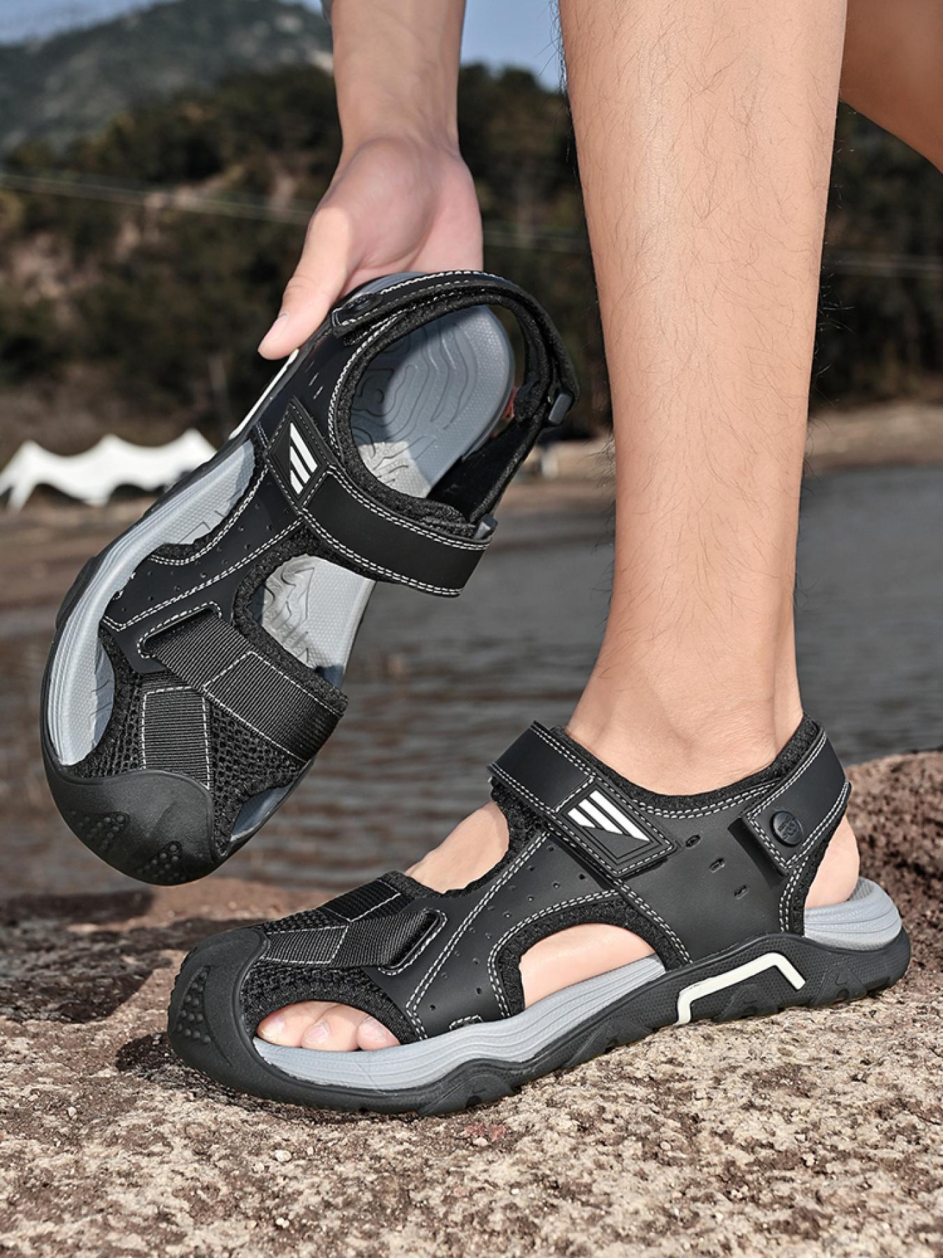 Men's beige solid color dual-use closed-toe outdoor sandals, adjustable with Velcro, non-slip beach shoes, breathable stream sandals