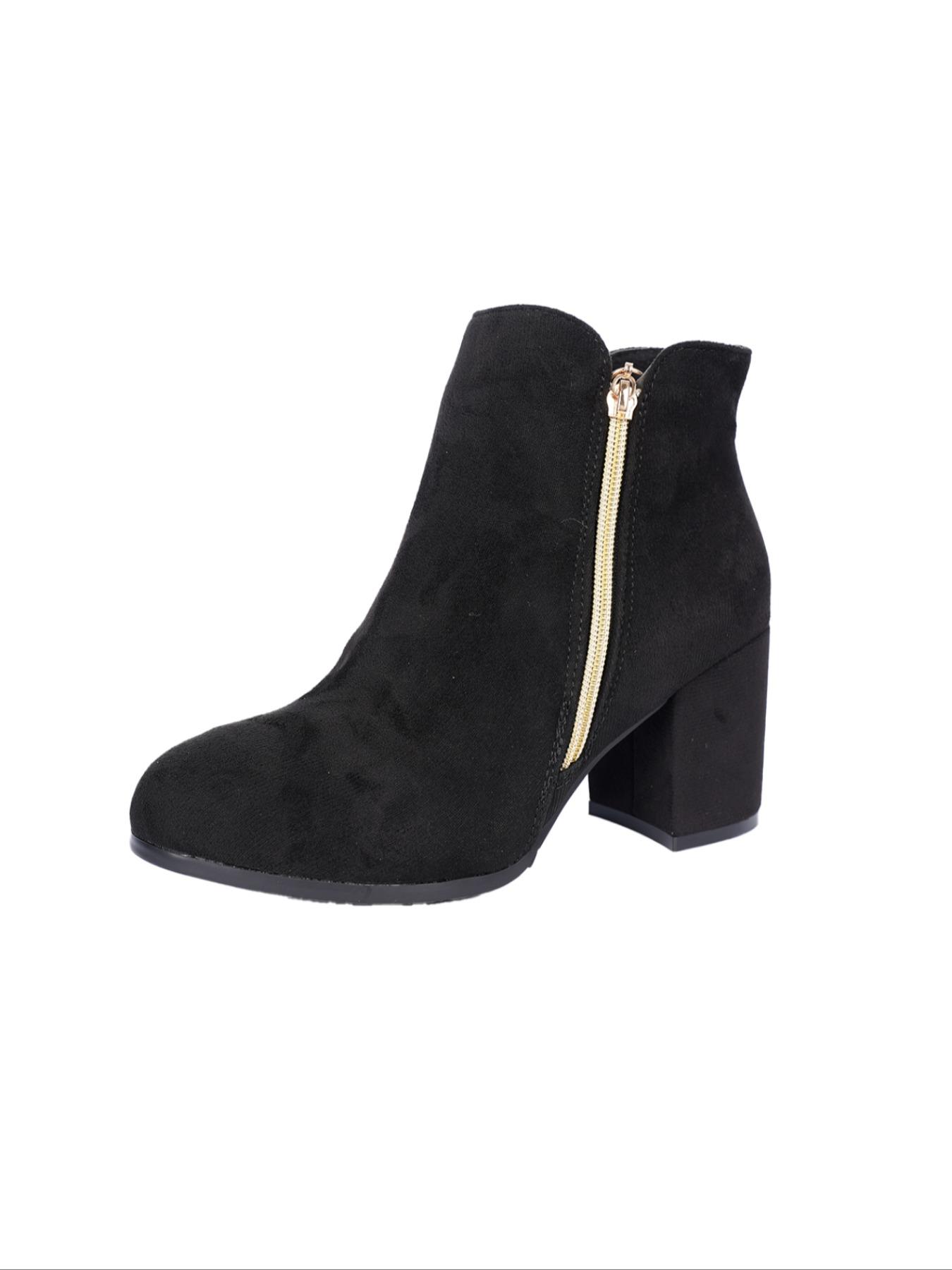 Women's Velvet Heart Zipper Chunky Heel Short Boots, Metal Heart Zipper, Faux Leather, Square Heel, Perfect for Sweet Office Style, Spring Fall