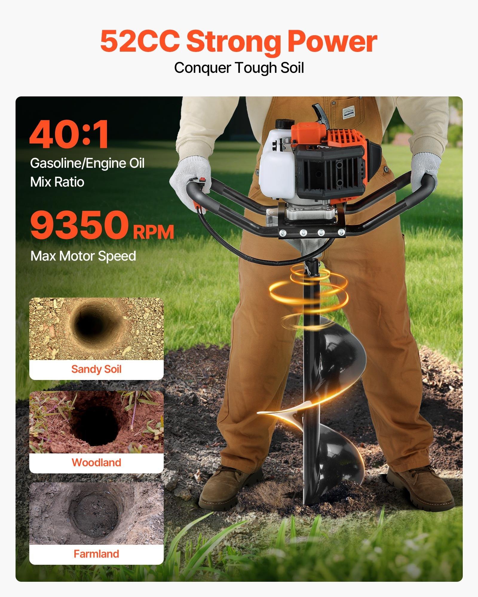 【Summerfinds】VEVOR 52cc Engine Gas Powered Alloy Steel Digger, Quick Shut-Off 1450W Heavy-Duty Post Digging Earth Auger with 6" & 10" Bits, 3 Extension Rods, Abundant Accessories, EPA Listed for Fence Posts, Planting