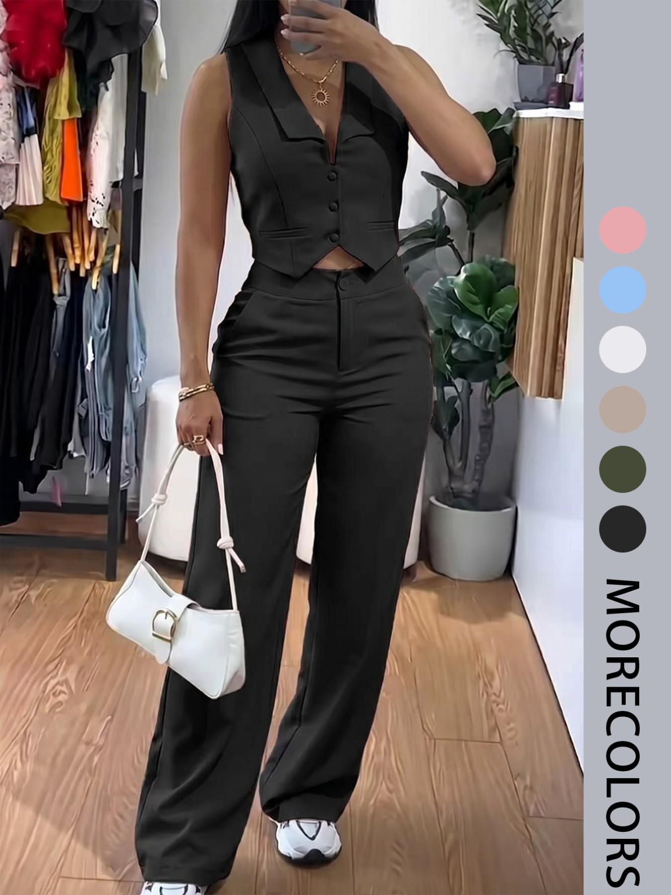 Women's Two-Piece Set, Sleeveless Waist-Cropped Vest and Wide-Leg Pants, Casual Loose-Fit Solid Pattern, All-Season Outer Vest