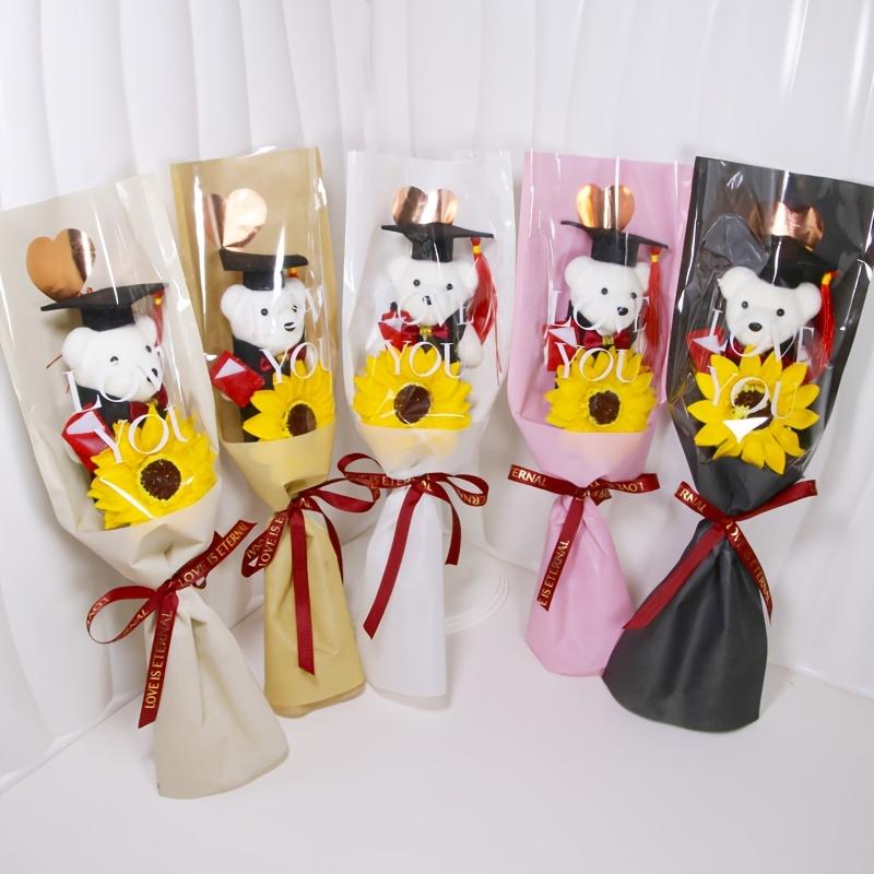 3pc Golden Heart Wrapped Teddy Bear with Graduation Cap Bouquet, Artificial Sunflower Bouquet, a Gift for Friends, Classmates, or Girlfriends during Graduation Season
