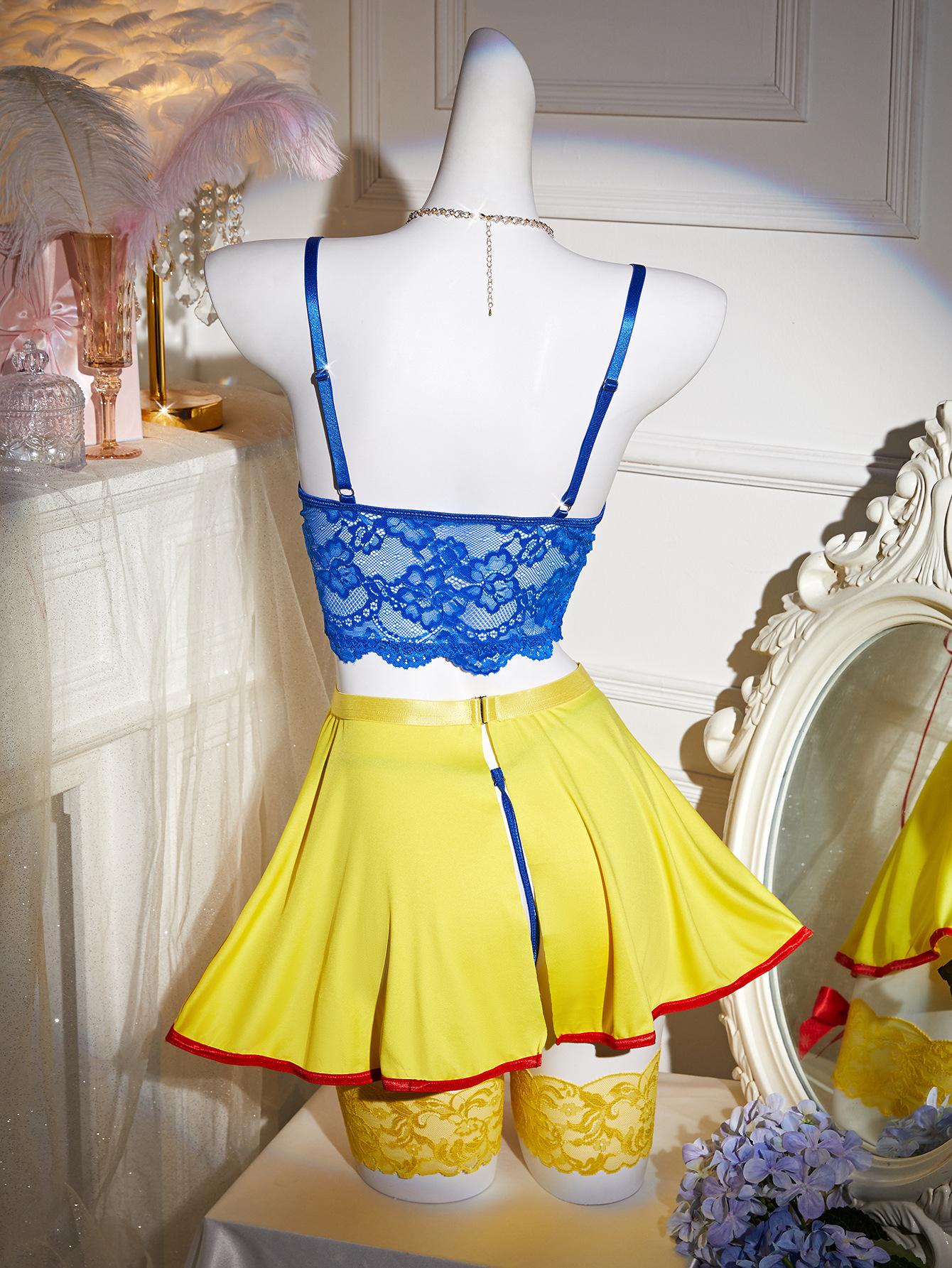 【EasDoing】3 Pieces Set Blue and Yellow Color Block Snow White Style Lace Corset Top Skirt Set, Sexy Cosplay Uniform, Pure Desire Hot Girl Lingerie, Date Outfit, Photogenic, Slim Fit, Summer Thin, Comfortable