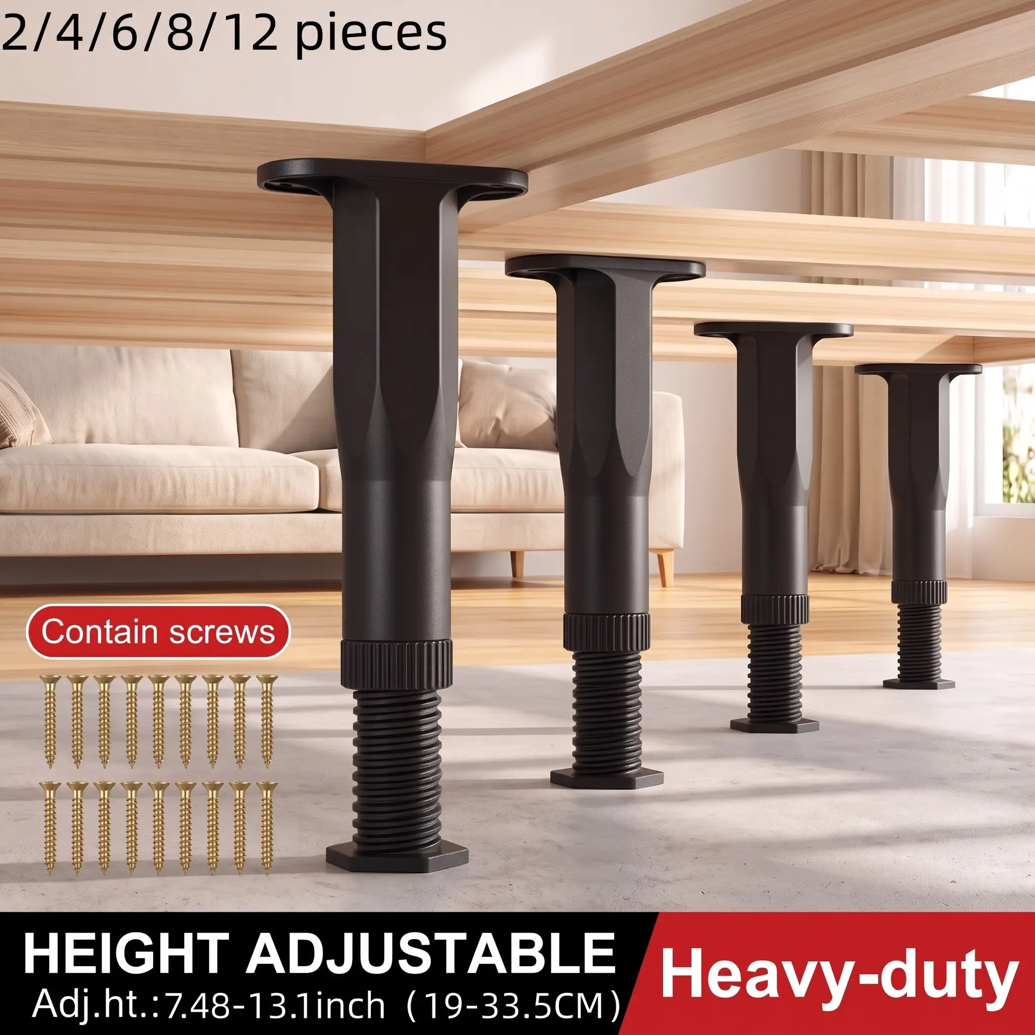 Heavy-duty height adjustable bed support legs, set of 2/4/6/8/12 black plastic furniture feet with metal accents and screws, reinforced center bar for stability, easy installation, suitable for replacement parts of bed frames, cabinets, and shelves