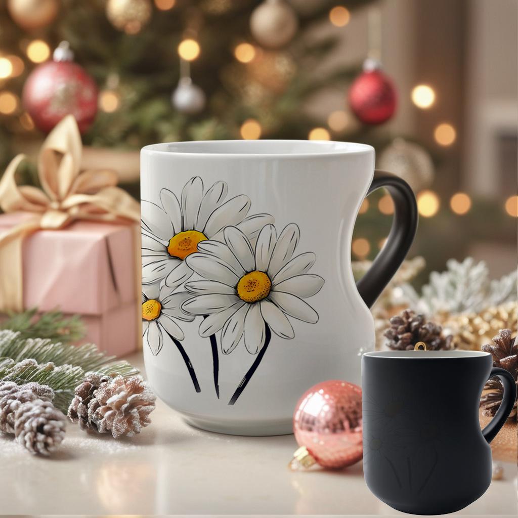 White Daisies Floral Pattern Ceramic Color Changing Mug, Heart Handle, 11 oz/330 ml - Great for Halloween, Christmas, Valentine's Day, Mother's Day and Father's Day Gifts