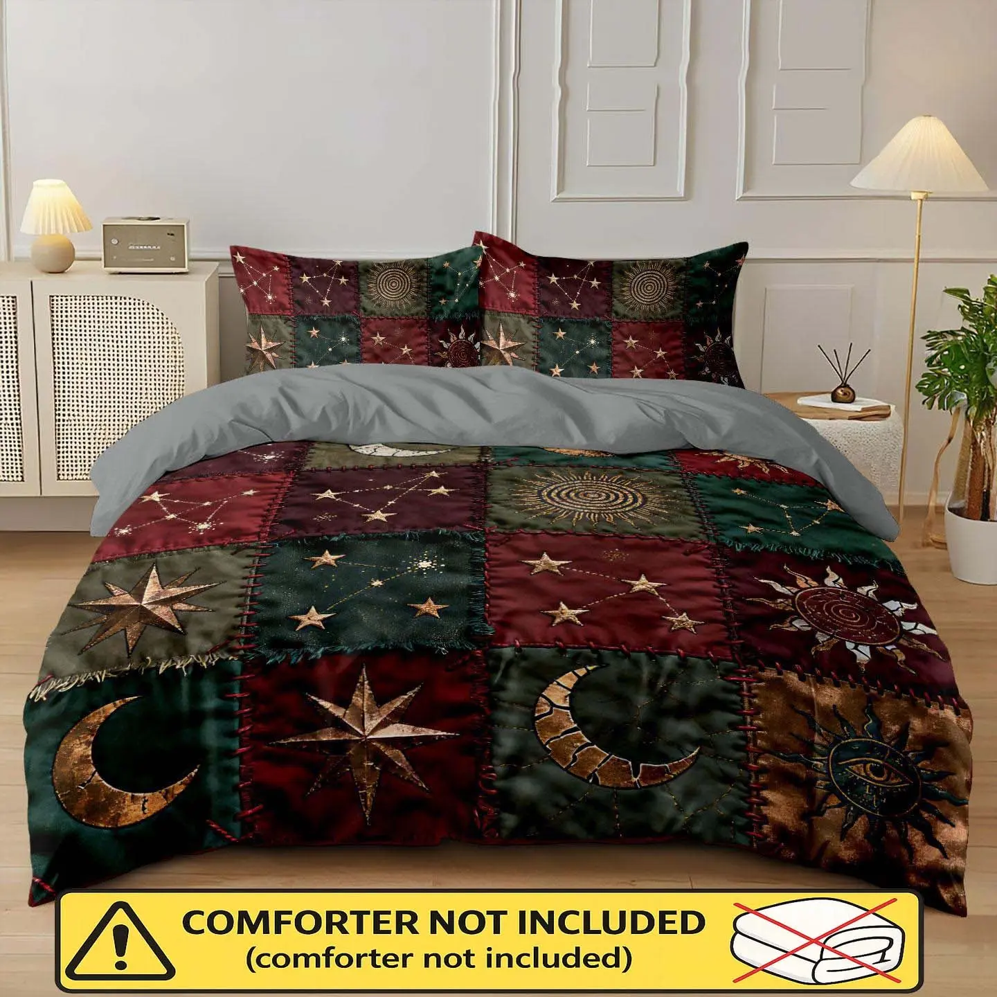 3-piece retro sun and moon patchwork pattern duvet cover set, Bedroom Theme Bedding Set, 2D flat print, including 1 duvet cover and 2 pillowcases (unfilled) comfortable, without padding, suitable for bedrooms, Washable Covers, Decorative Duvet Cover