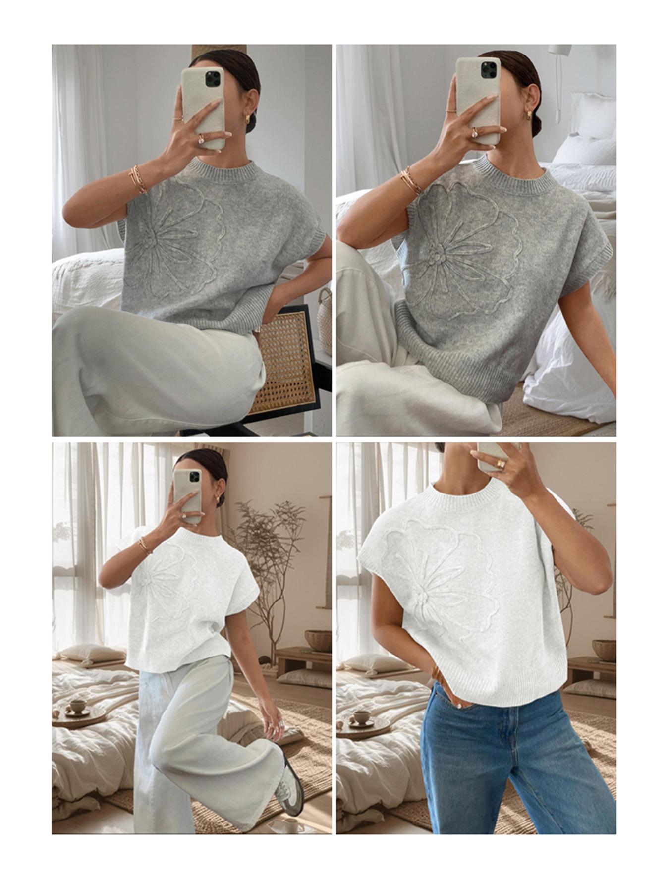 Women's Plain Flower Jacquard Semi-sheer Cable Knit Top, Casual Sleeveless V Neck Knitwear for Daily Wear, Ladies Clothes for All Seasons