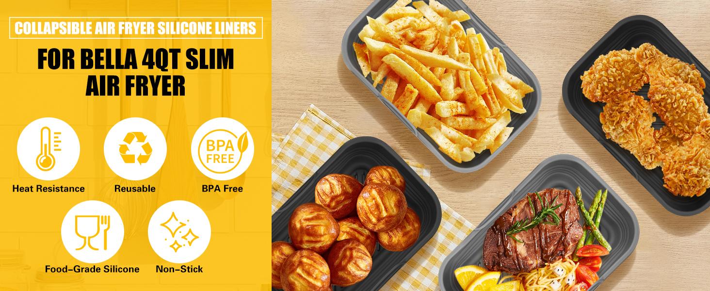Collapsible Air Fryer Liners 2-Pack for 4Qt Slim Air Fryer(3.3lb Capacity), Reusable Airfryer Pot Rectangle, Non-stick Baking Basket Insert for Air Frier Accessories,Gray+Black