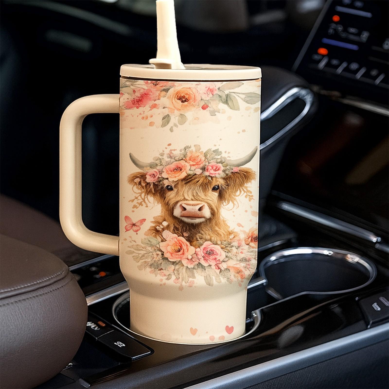 40oz Highland Cow Straw Tumbler, Just A Girl Who Loves Cows Design, Floral Cow Aesthetic Cup, Farm Girl Country Style, Vacuum Insulated Tumbler with Handle, Leak Proof Lid, Hot Cold Drinks All Day, Cute Cow Lover Gift, Insulated Travel Drinkware