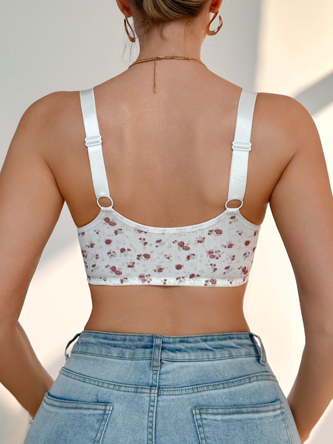 Front Closure Lace Bralette for Women, Floral Print Wirefree Push Up Bra, Comfortable Plus Size Full Coverage Everyday Underwear