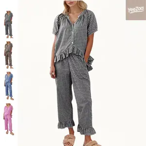 Gingham Pajamas Set 2 Piece for Women Plaid Sets Pjs Vintage Y2K 100% Cotton Clothes Button Down Babydoll Top with Puff Sleeves & Matching Ruffle Pants Cute Loungewear Loungewear Pjs Sleepwear Nightwear Homewear Comfort Outfit