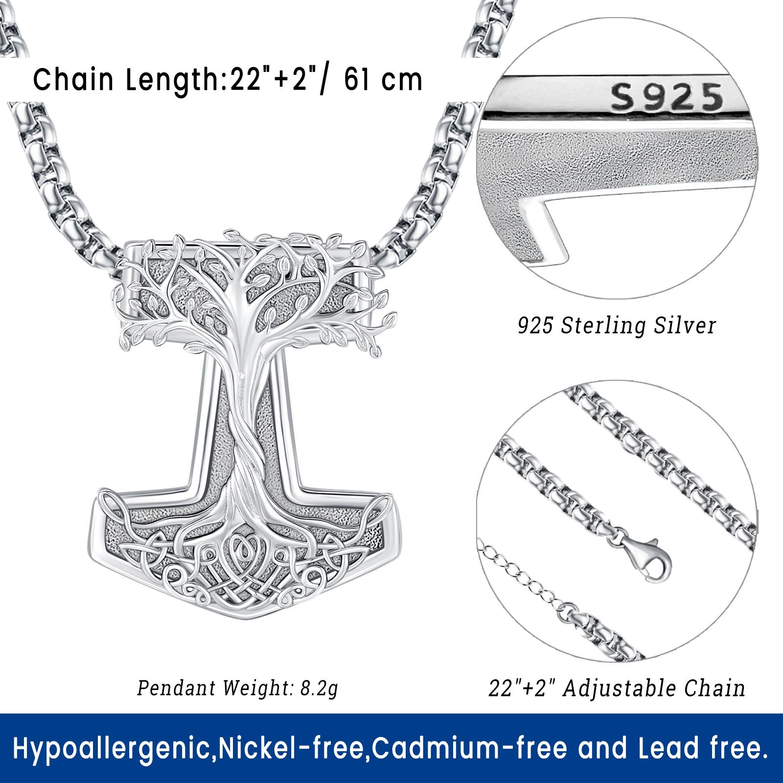 925 Sterling Silver Viking Jewelry Mjolnir Thors Hammer Necklace Vegvisir Yggdrasil Tree of Life Design Nordic Viking Gifts for Men Women