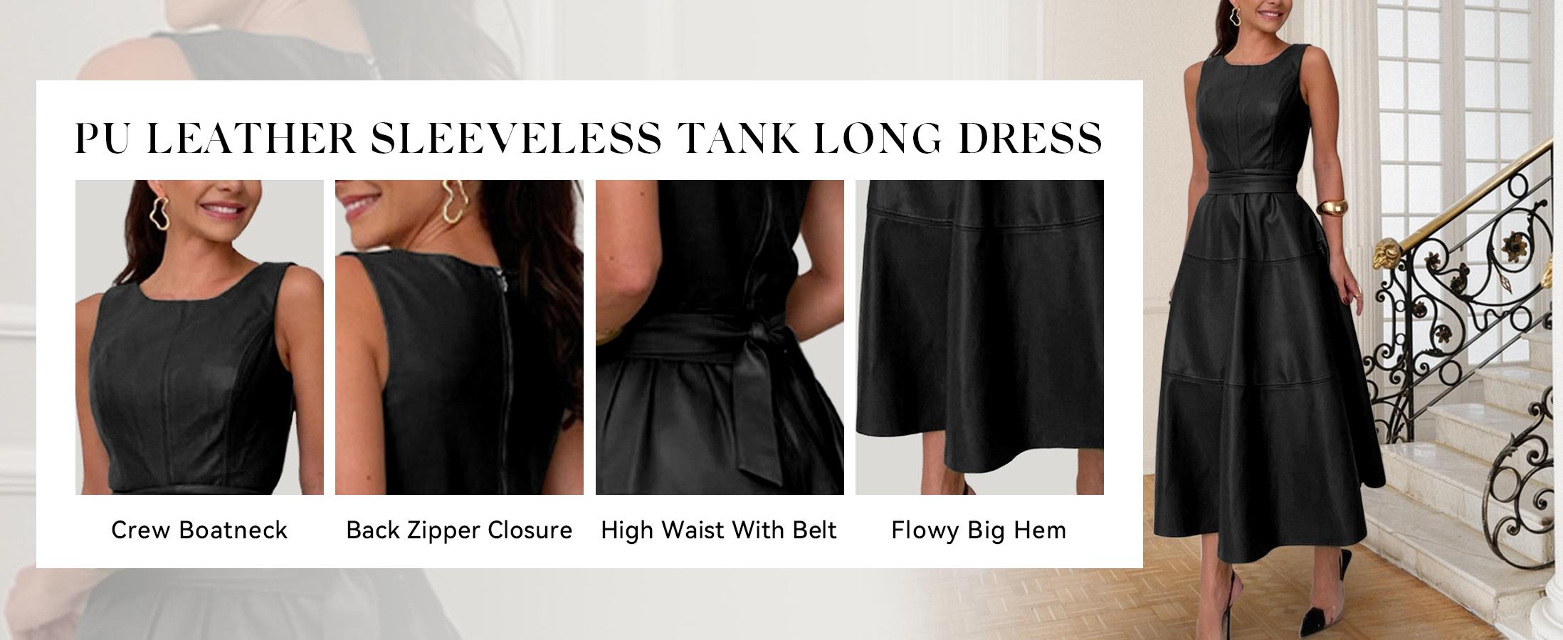 CHARTOU Women's Summer and Autumn Sleeveless PU Faux Leather Dress Elegant Flowing Maxi Dress with Belt