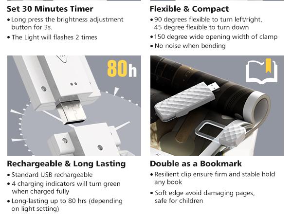 Rechargeable Reading Light with Auto Timer, 3-Colors & 5 Brightness Levels, Bookmark Clip-On LED Book Lamp, 80H Battery Life for Bedtime Reading