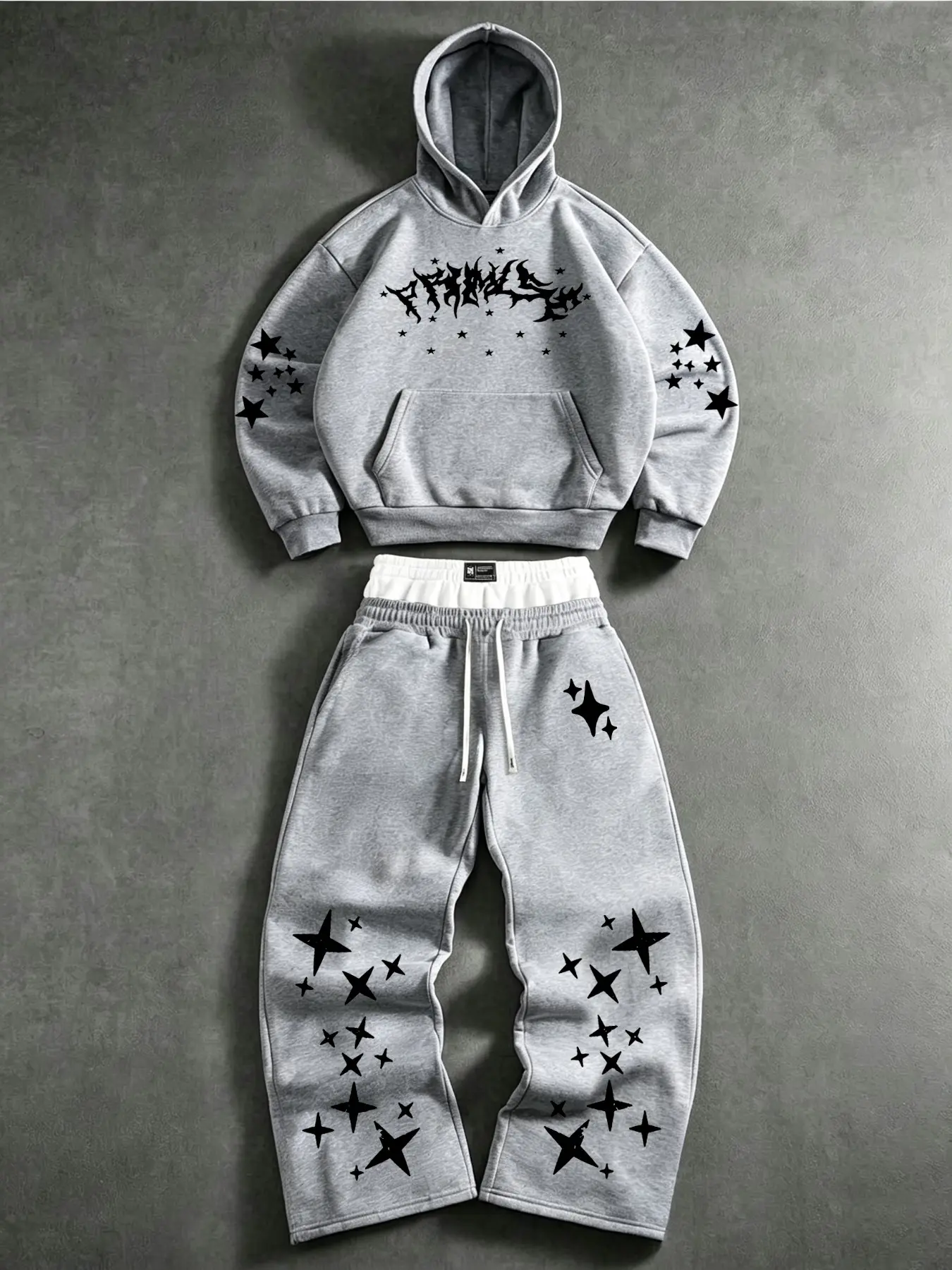Men's Fashion Streetwear Hoodie Set Outfit, Fall Winter 2-Piece, Creative Dual Waist Design, Starry Pattern Print, Drawstring Sports Pants