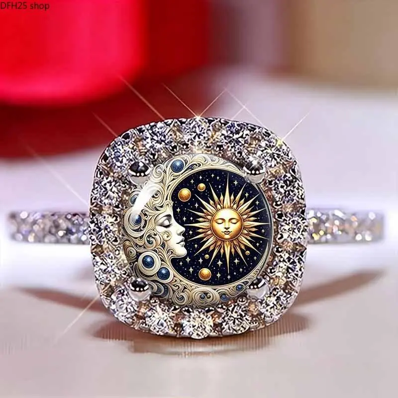 Celestial Moon Ring for Women and Men, Adjustable Statement Band With Moon Star Pattern and Vintage Artwork Design, Unique Fashion Jewelry Accessory for Daily Wear, Parties and Events