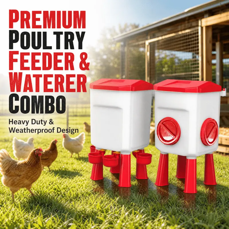 18 Pounds, 2 Gallon Chicken Feeder and Chicken Waterer, Adjustable 2in 1 Poultry Feeder Standing Use with 4 Water Cup and 2 Feeding Ports for Duck Quail Turkey Chick, Red, Drinking Trough