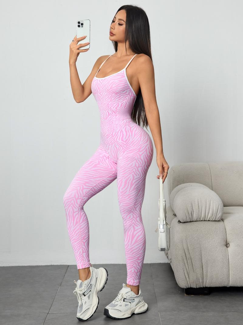 Women's Colorblock Zebra Print Cross Shoulder Strap Sporty Comfy Jumpsuit, High Stretch Knit Waistband, Casual Fashion Yoga Pants