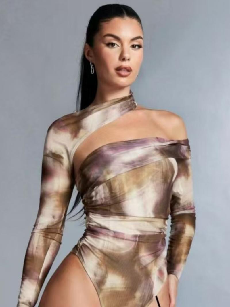 Women's All Over Print Bodysuit, Elegant Fashion Long Sleeve Bodysuit for Club Party, Women's Clothing for Spring & Fall