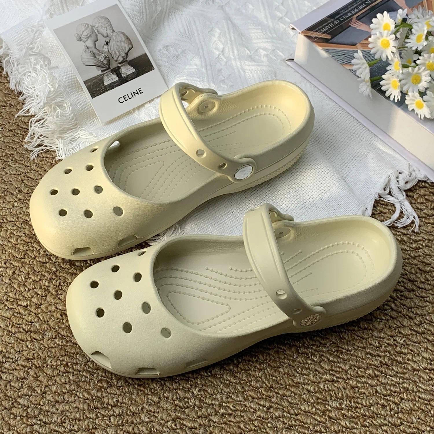 Retro EVA Outer Wear Mary Jane Slippers Shoes Summer New Women's Cute Ballet Hole Shoes Anti Slip Outdoor Beach Sandals