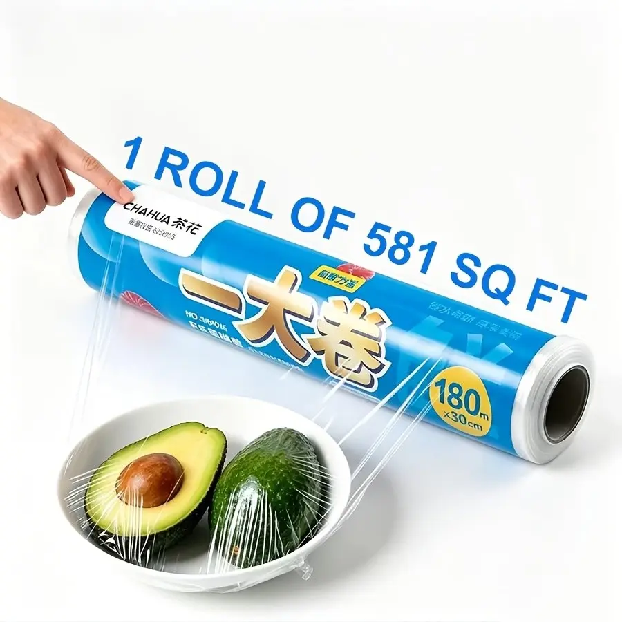 581 Sq Ft Plastic Wrap, Food Grade Cling Film, Microwave & Freezer Safe, BPA-Free, Strong Stretch, Tight Seal for Kitchen Food Storage