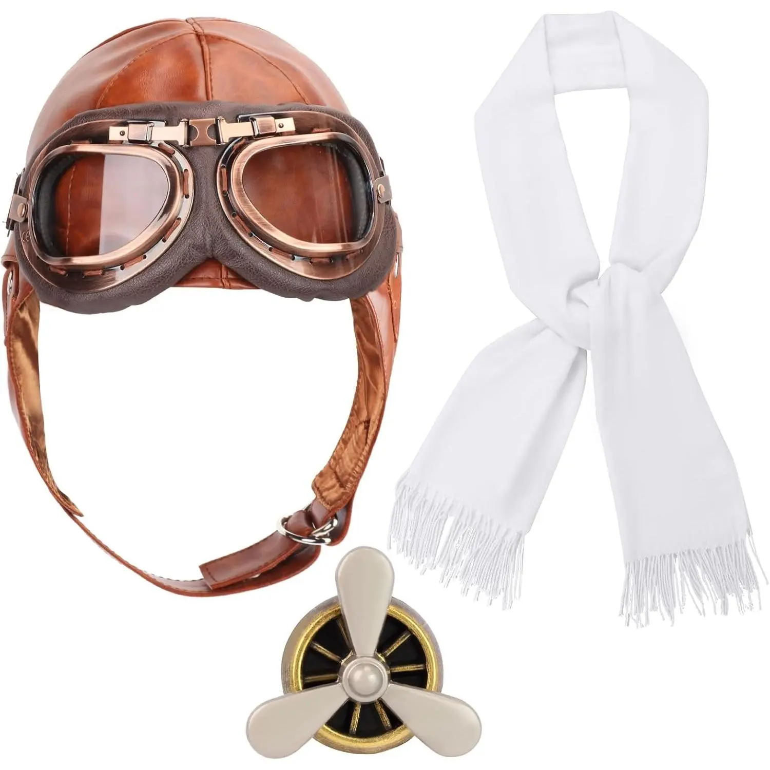 4Pcs 1920s Vintage Aviator Hat with Goggles, White Scarf & Brooch - Halloween Aviation Pilot Costume Party Accessories(Gift)
