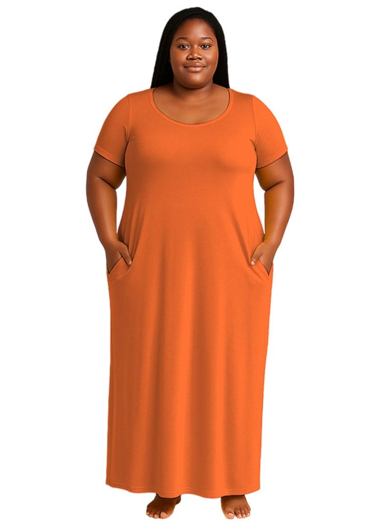 Plus Size Women's Solid Color Dress, Sexy Round Neck Short-Sleeved Long Dress, European and American Summer New Arrival, Casual Style