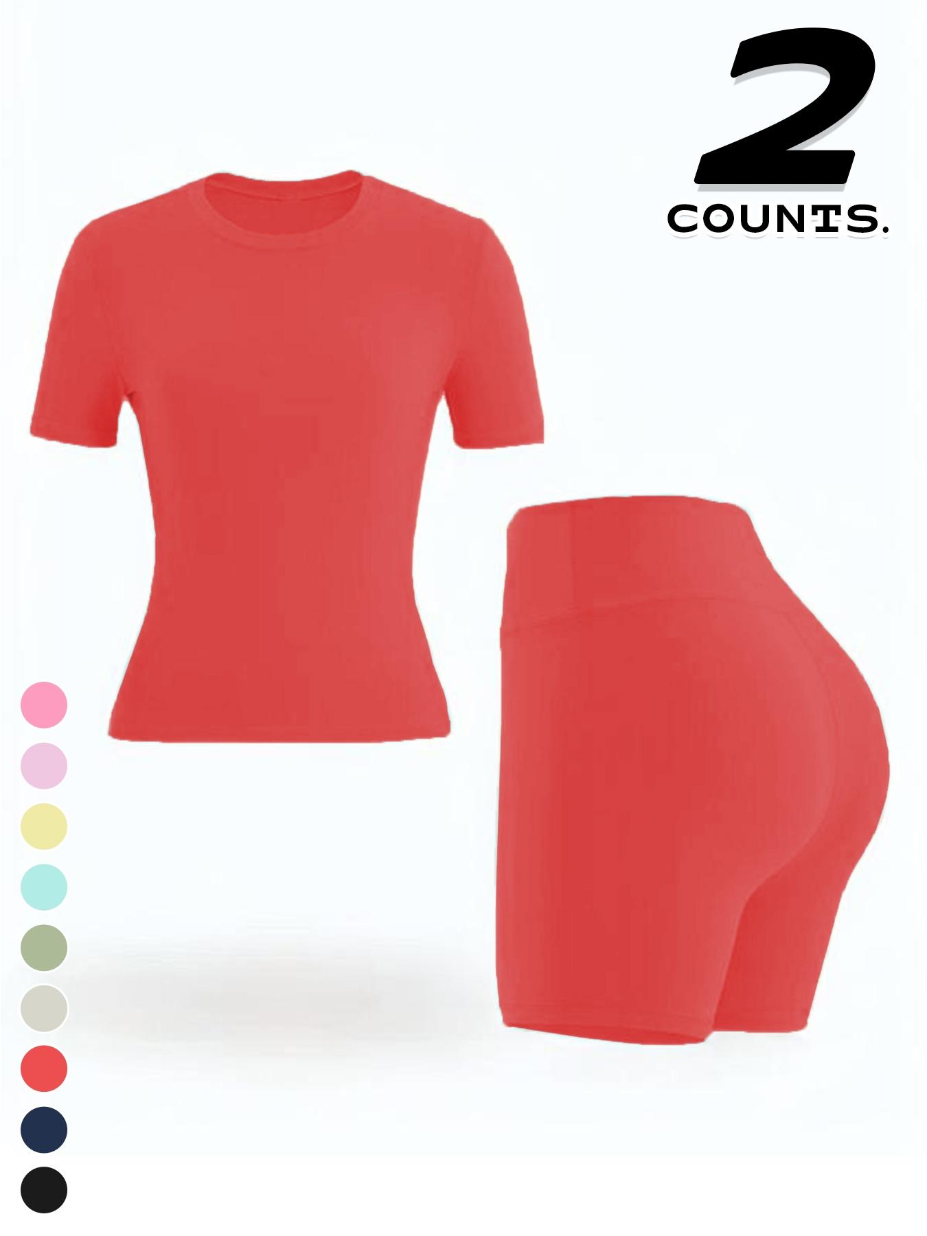 Women's 2-Piece Sport Yoga Outfit, Plain Short-Sleeve T-Shirt And High-Waist Shorts, Breathable For Gym Running, For All Seasons, Activewear Fitness Outfit