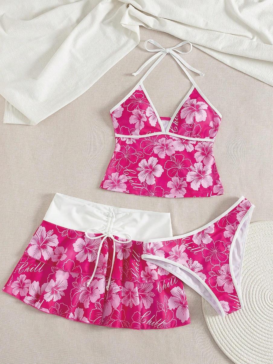 Women's Summer Beach Festival Print Halter Bikini Set, Casual Vacation Style, Fitted Tank Top and Skirt Three-Piece Suit, Tankini Sets