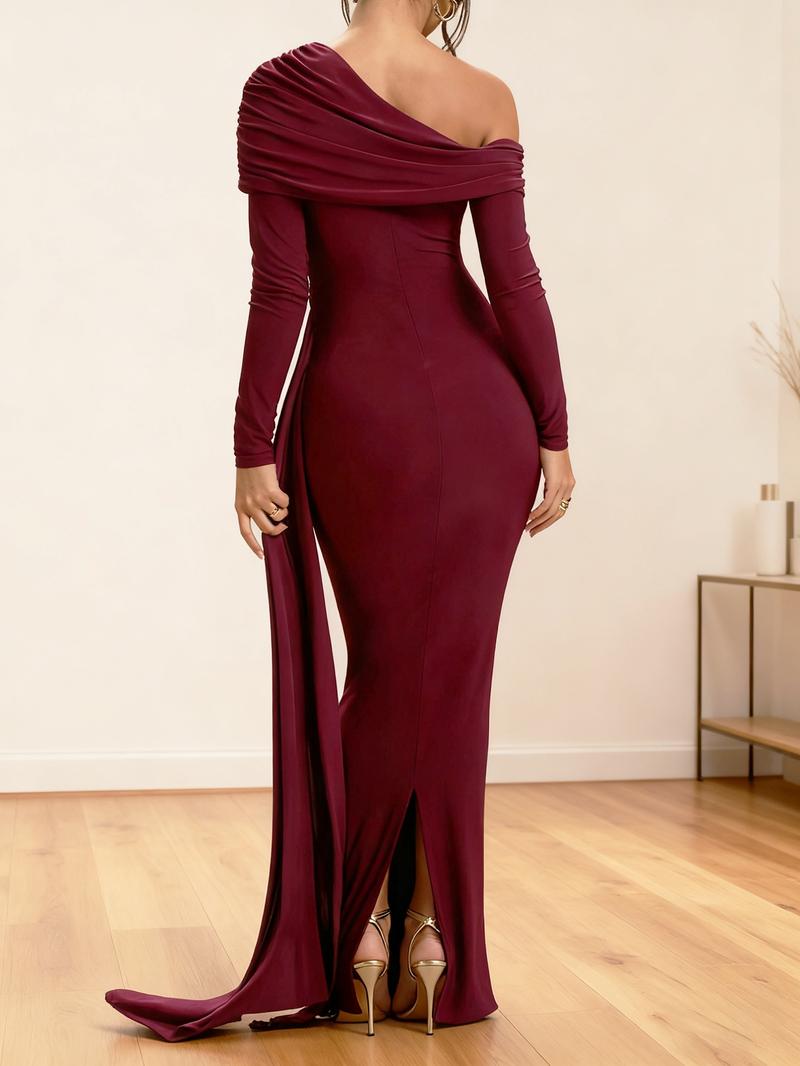 Elegant Party Holiday Dress with Side Long Tie, Asymmetrical Single Shoulder Ruched Bodycon Women's Dress, All Seasons Fashion