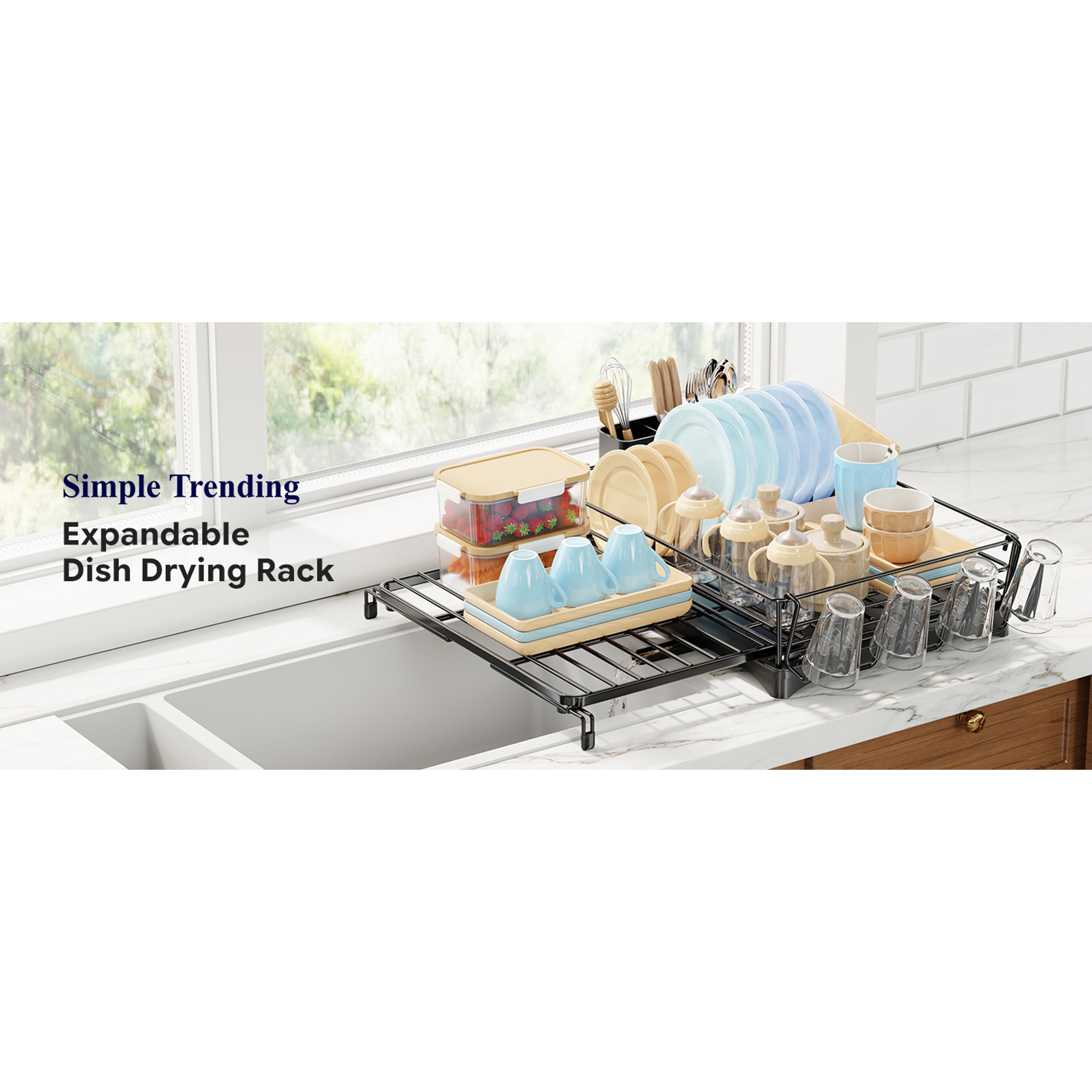 Dish Rack - Expandable Dish Drying Rack for Kitchen Counter, Large Capacity Dish Drainers, Stainless Steel Dish Strainer with Utensil & Cup Holders, Black Dish Rack - Expandable Dish Drying Rack for Kitchen Counter, Large Capacity Dish Drainers, Stainless Steel Dish Strainer with Utensil & Cup Holders, Black