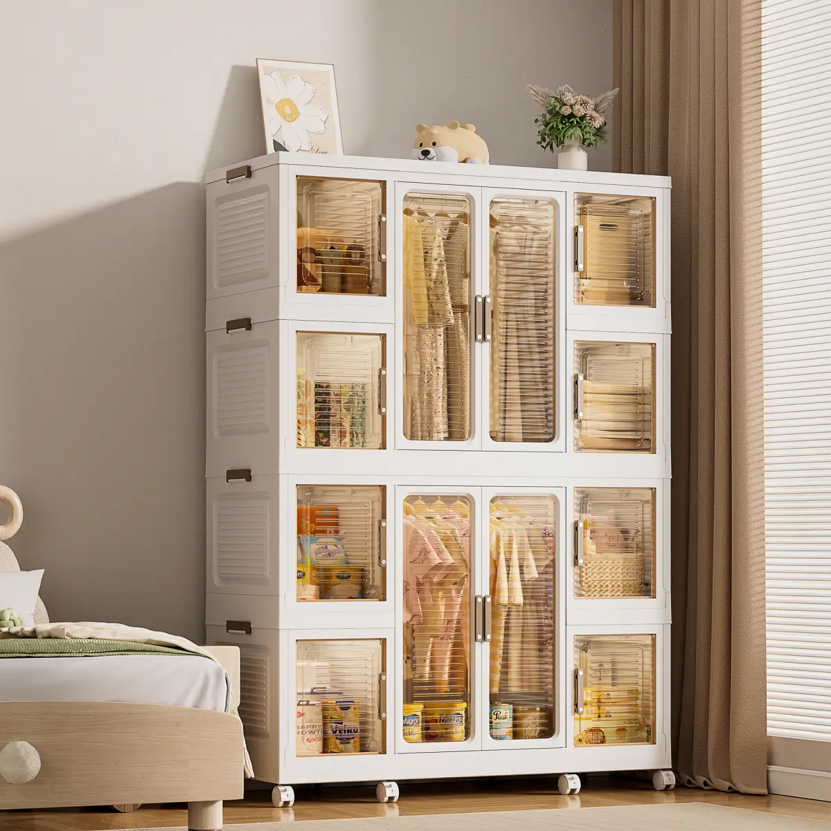 Portable Wardrobe Closet Storage Organizer for Clothes,Clothes Dresser,12 Magnetic Doors-12 Cubes & 2 Hanging Rod,16 pcs Hangers,Baby Wardrobe Storage Cabinet,White