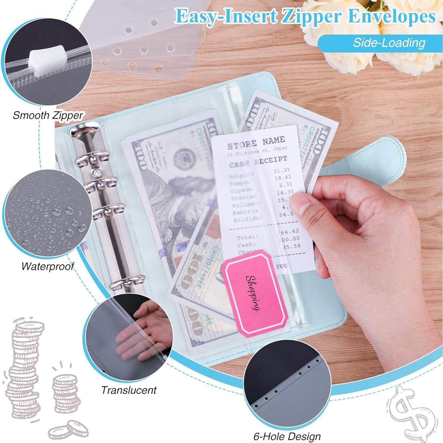 A6 Budget Binder with Zipper  Envelopes for  Organizer & Budgeting, PU Budget Planner  Saving Binder with  Stuffing Envelopes & Labels for  Office Travel, Mint Blue