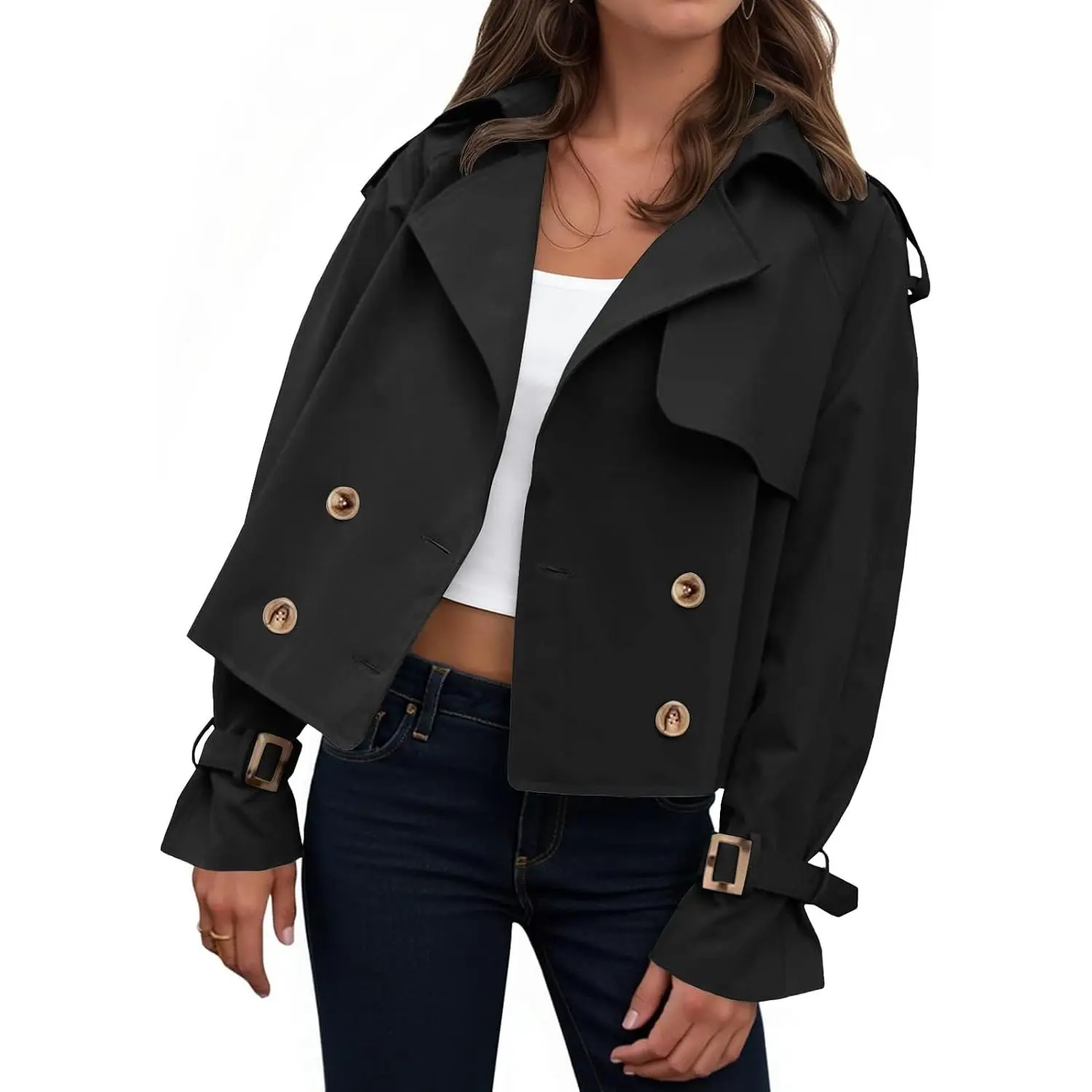 Womens Cropped Trench Coat Oversized Double Breasted Lapel Long Sleeve Short Jacket Fashion Outerwear
