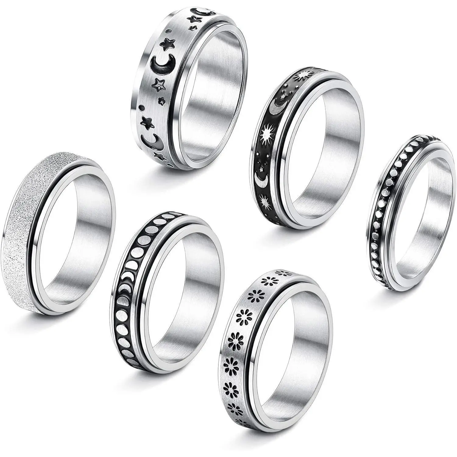 CASSIECA 6 Count Stainless Steel Rings for Women - Fidget Ring, Thumb Ring, Anxiety Rings, Comfort Fit, Size 5-10, Available in Various Designs, Stackable Rings, Trendy Jewellery Accessories Sohochic