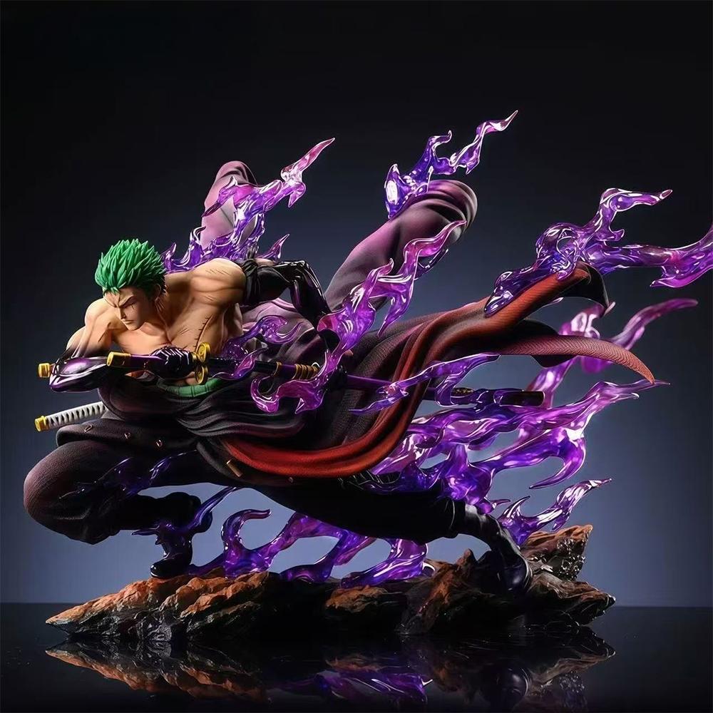 One Piece Roronoa Zoro Figure, Enma Haki Battle Scene, Purple Flame Effect Statue, Anime Model Decor，Drift Rock Base, Desktop Decor Figurine