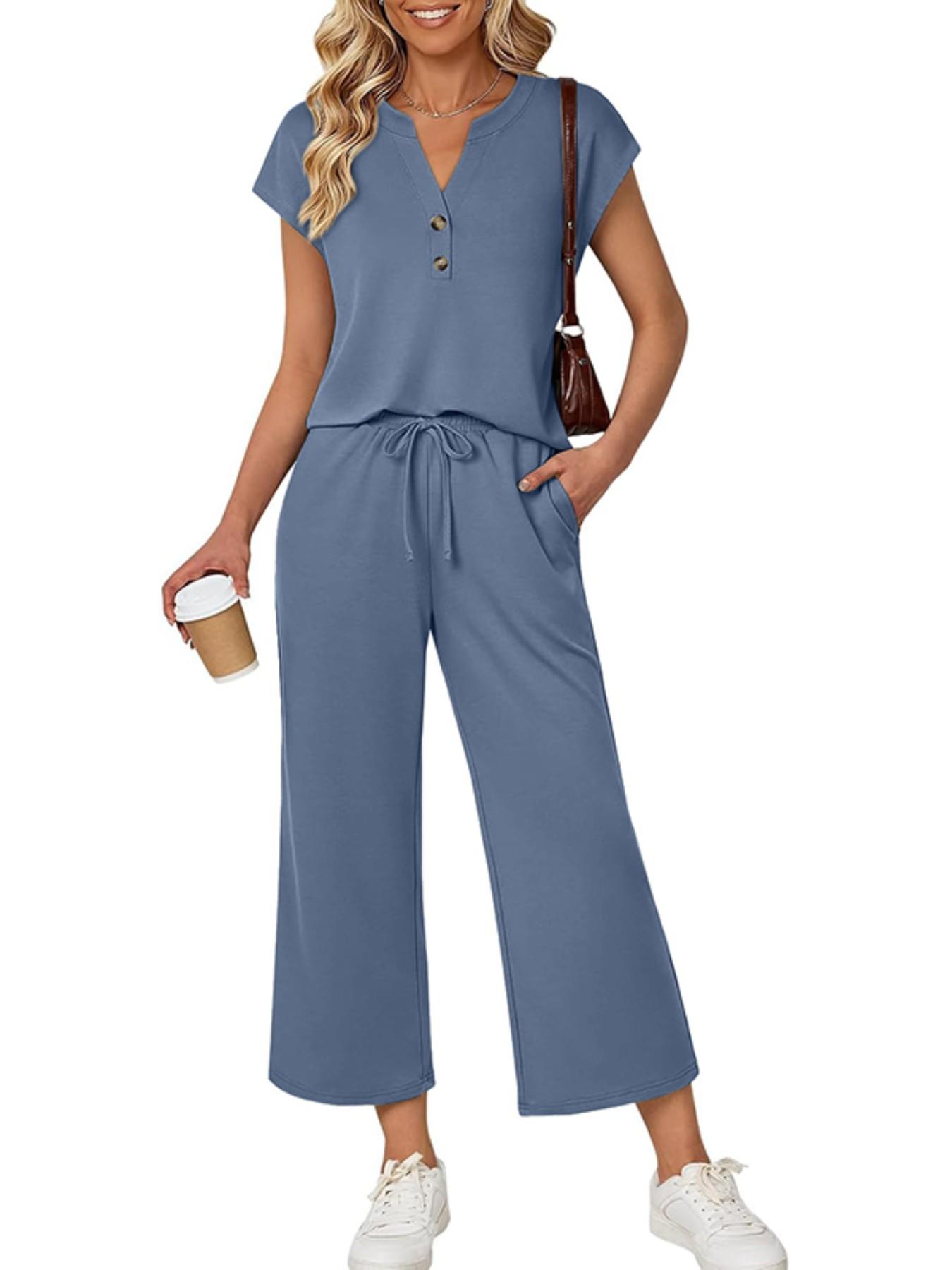 Women's Summer Casual 2-Piece Set, Short Sleeve Button Top & Elastic Waist Pants, Breathable Fabric, Home Wear, Daily
