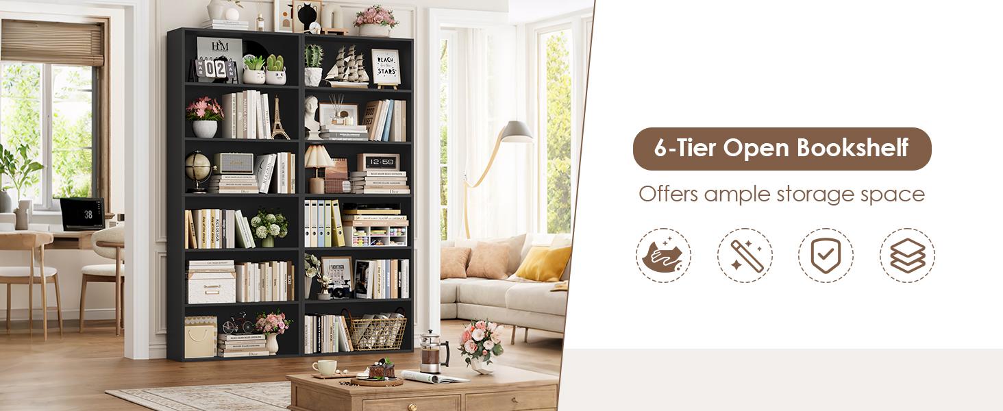 FOTOSOK 70.8" Tall Bookcase Shelf, 6 Tier Wide Bookshelf with Storage, Billy Bookcase Set of 2, Large Bookshelf for Living Room, Home Office