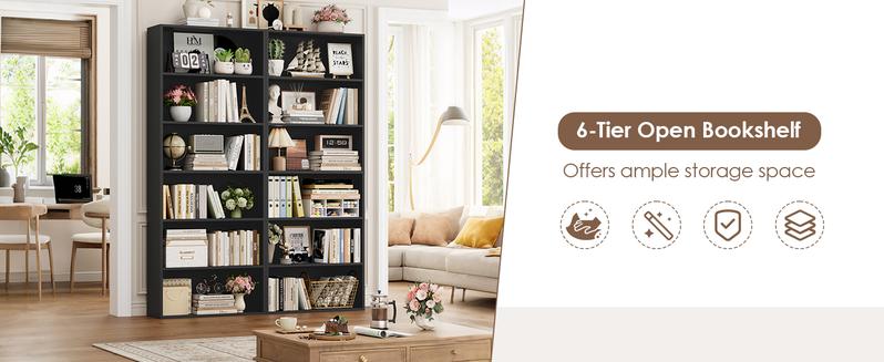 FOTOSOK 70.8" Tall Bookcase Shelf, 6 Tier Wide Bookshelf with Storage, Billy Bookcase Set of 2, Large Bookshelf for Living Room, Home Office