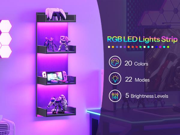 HOOBRO Floating Wall Shelves with LED Lights, 4-Tier Floating Shelf Wall Mounted for Storage, Vertical Display Stand, Modern Column Rack, for Bedroom, Living Room, Hallway, Black